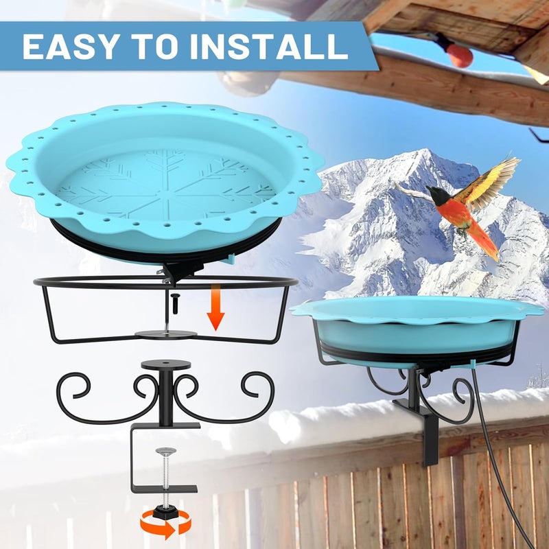 We-buys Heated Bird Baths for Outdoors, 100W Heated Bird Bath for Deck Railing, Heated Birdbath with Thermostat Control, Heated Bird Bath for Outside Winter Garden Patio Yard (Blue) - Image 5